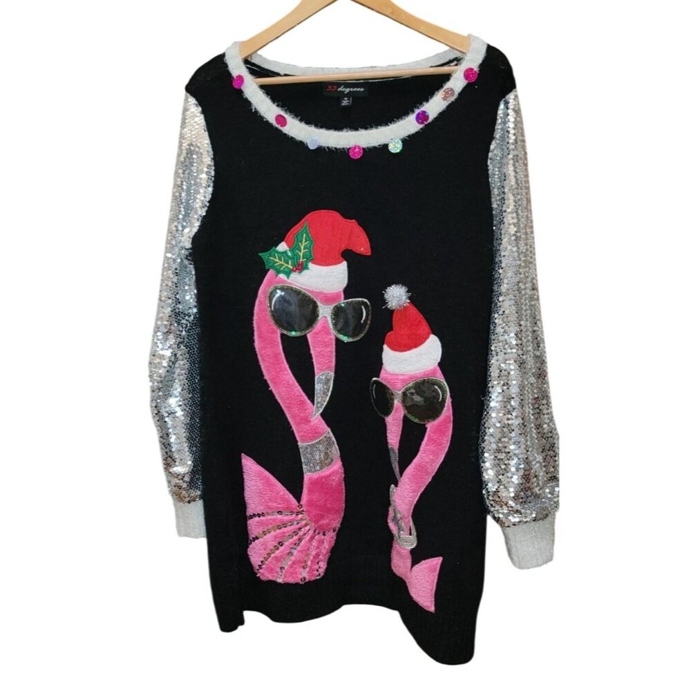 33 Degrees Christmas Flamingo Sequin Sweater Dress Tunic (M) Pink Silver Holiday